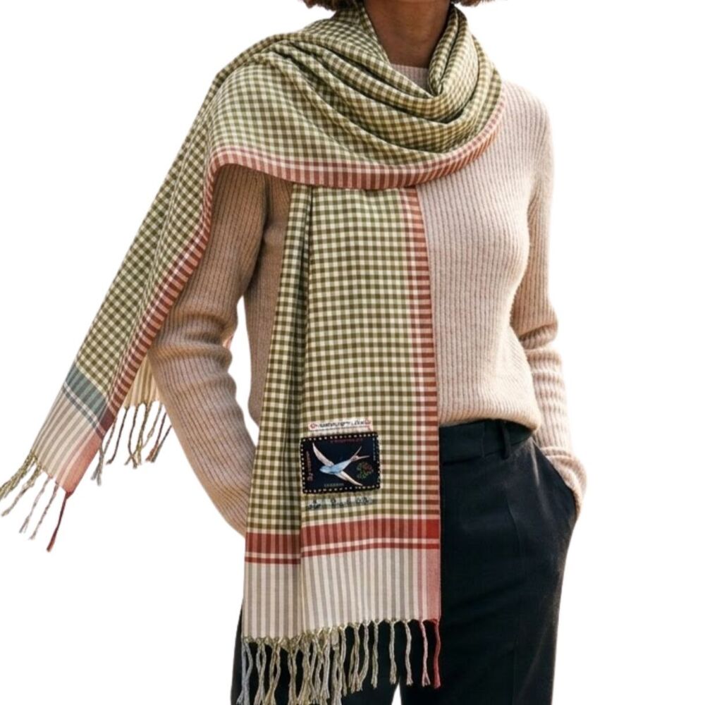en Soie Zurich Satu Scarf 160 100% Silk Vichy Check Gingham Embroidered Sparrow